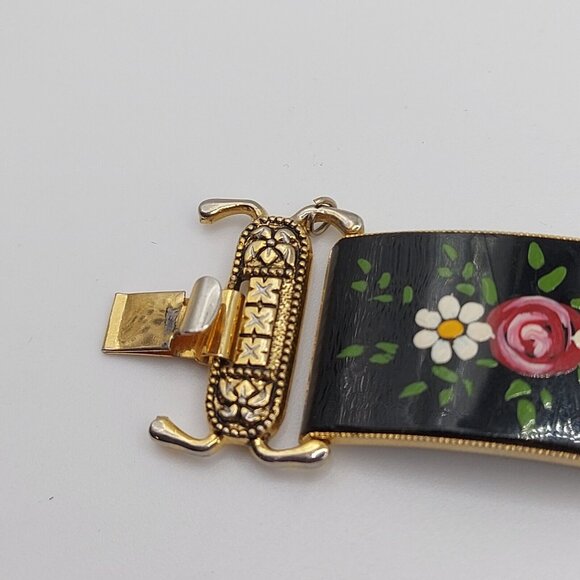 Vintage Hand Painted Floral Panel Bracelet Gold Tone Damascene Made in Spain - Picture 7 of 7